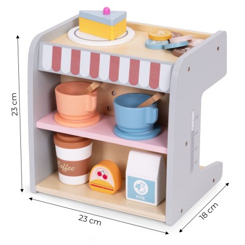 Drewniany ekspres do kawy dla dzieci 2w1 sklepik zestaw baristy 26 akcesoriów ECOTOYS
