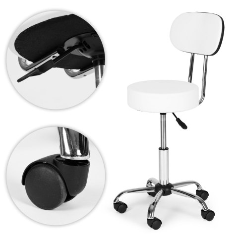Stołek obrotowy z oparciem taboret kosmetyczny medyczny fotel regulowany biały ModernHome