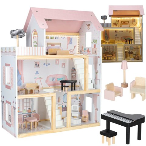 Domek dla lalek drewniany mebelki 78cm róż LED