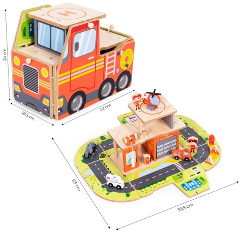 Drewniany garaż zestaw straży pożarnej 2w1 - remiza i wóz 2 piętra figurki pojazdy ECOTOYS