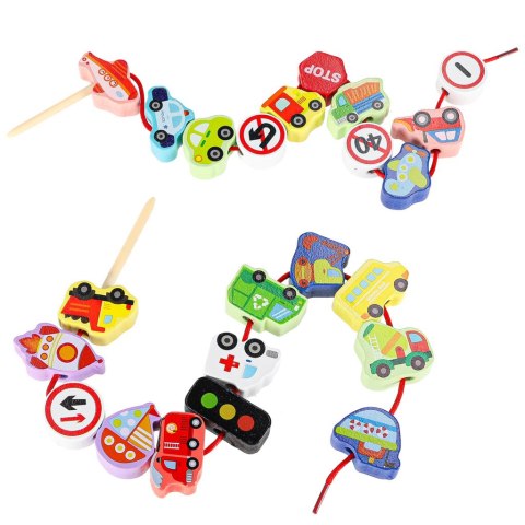 Klocki drewniane do nawlekania pojazdy znaki drogowe