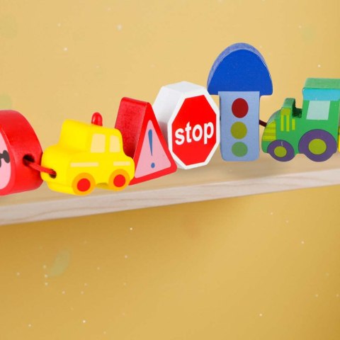 Klocki drewniane do nawlekania tablica plansza samochody pojazdy