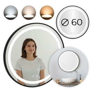 Lustro łazienkowe LED okrągłe ścienne 60 cm 3 barwy włącznik dotykowy regulacja jasności ModernHome