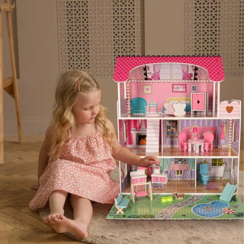 Domek dla lalek drewniany Lulilo Gardeno z ogródkiem mebelki 70cm różowy LED