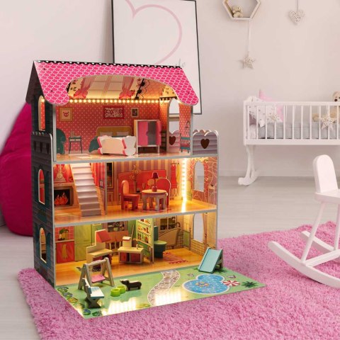 Domek dla lalek drewniany Lulilo Gardeno z ogródkiem mebelki 70cm różowy LED