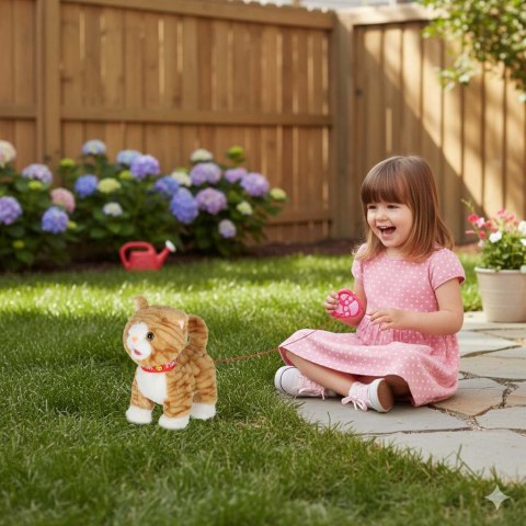 Kotek interaktywny na smyczy miauczy chodzi rusza ogonem beżowy