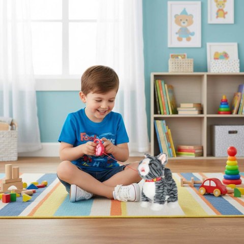 Kotek interaktywny na smyczy miauczy chodzi rusza ogonem szary