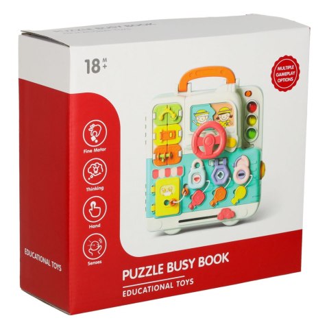 Tablica manipulacyjna sensoryczna montessori walizka pokrętła miś XXL światło dźwięk