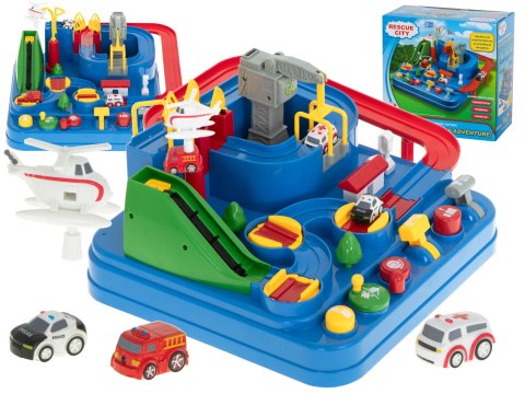 Tor przeszkód interaktywny samochodowy wyścigi parking 3 pojazdy straż radiowóz ambulans, 1 helikopter 32x32cm XXL