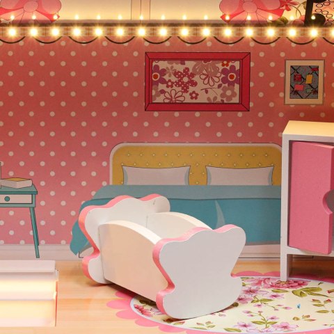 Domek dla lalek drewniany MDF mebelki 70cm różowy LED