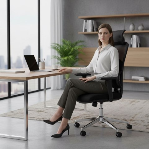 Fotel biurowy obrotowy wyprofilowane oparcie i zagłówek regulacja wysokości czarny ModernHome