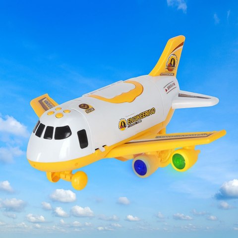 Transporter samolot rozkładany z autami + 3 auta pojazdy budowlane światła dźwięk