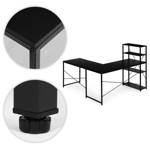 Biurko narożne z regałem 4 półki komputerowe czarne loftowe ModernHome