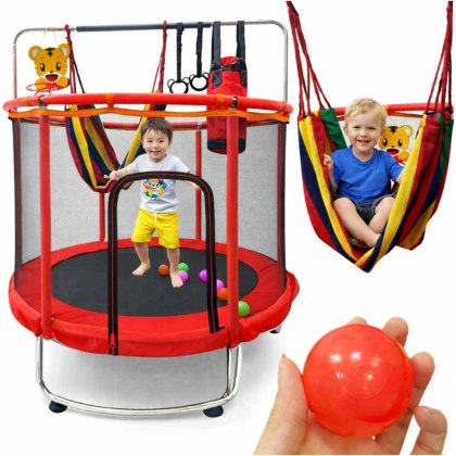 Trampolina dla dzieci ogrodowa siatka piłki koszykówka 150cm czerwona
