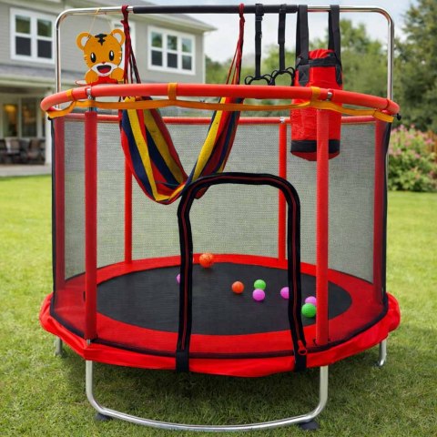 Trampolina dla dzieci ogrodowa siatka piłki koszykówka 150cm czerwona